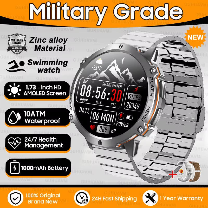 New Military T-Rex3 1000Mah Battery Smartwatch Men 10ATM Waterproof GPS Compass 1.73-Inch AMOLED Screen Call Sports Smartwatches