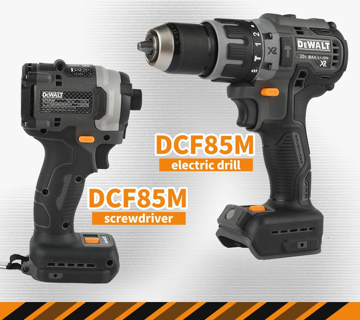 Dewei DCF85M 20V Brushless Drill and Impact Screwdriver 205 Nm Torque 0-3250 Rpm 13Mm Chuck Power Tool