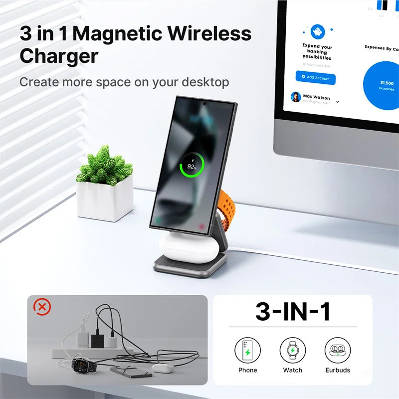 KUXIU Wireless Charger for Galaxy 25 24 23 22 21 Ect Series Watch 8 7 6 5/Buds 3 2 ,Metal Foldable Phone Holder