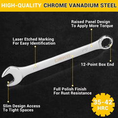 PRO Combination Wrench Set, Sae&Metric, 1/4'' to 1'' & 8-22Mm, 12-Point, Chrome Vanadium Steel