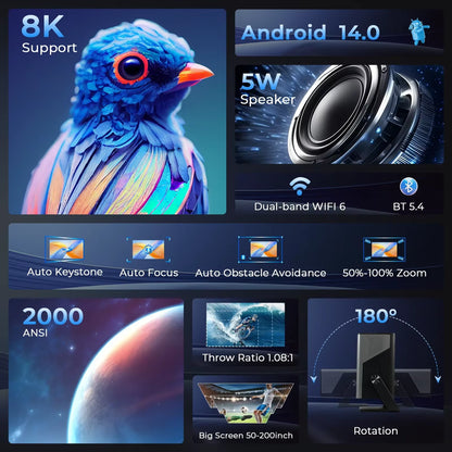 X7 AI Smart Projector with Android 14 OS Dolby, 8K Support 1080P UHD 2000 Ansl, Wifi6 & Bluetooth5.4, 200" Display Home Cinema