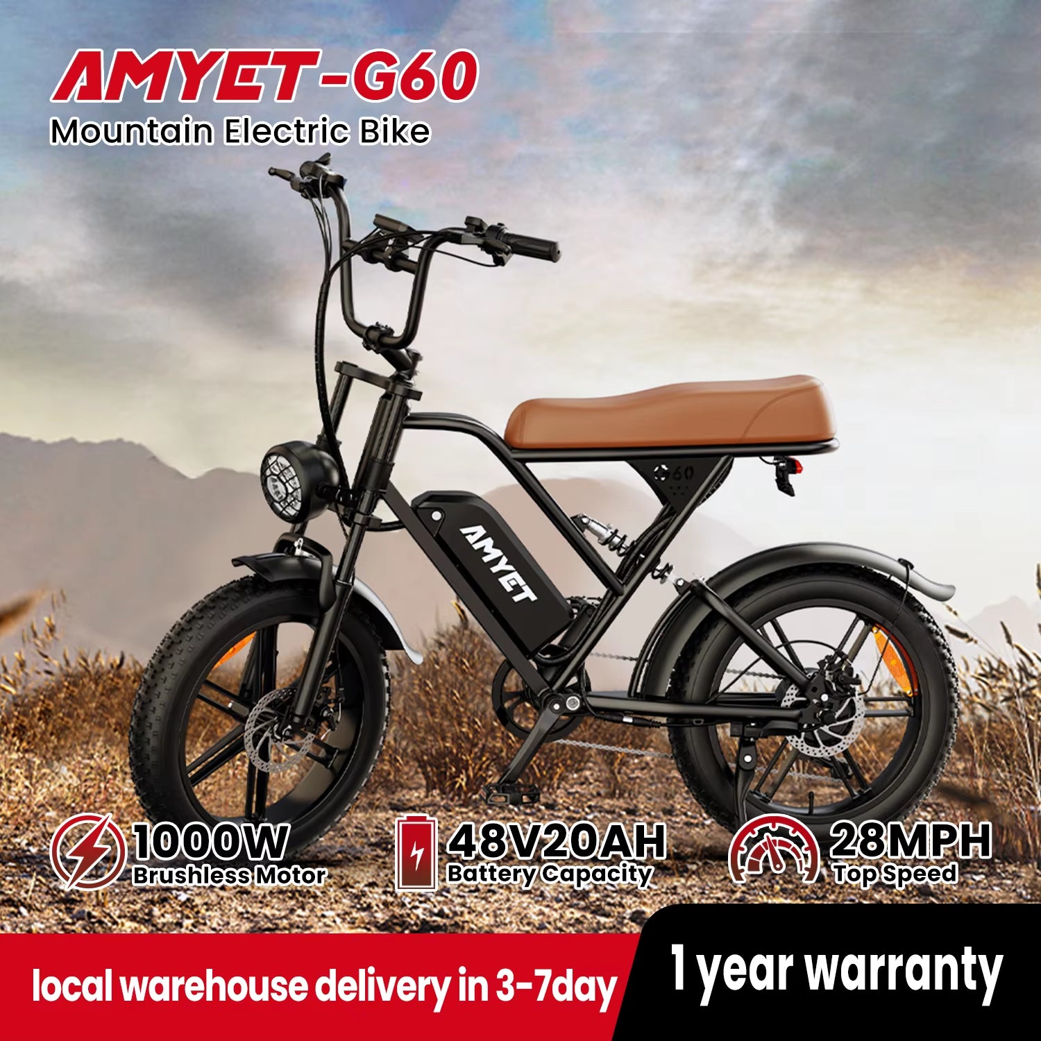 V9-G60 Adults Electric Bike 1000W Motor Bicycle 48V 20AH 20“ Tire Ebike Electric E Bikes Mountain Moped Ebikes for Men