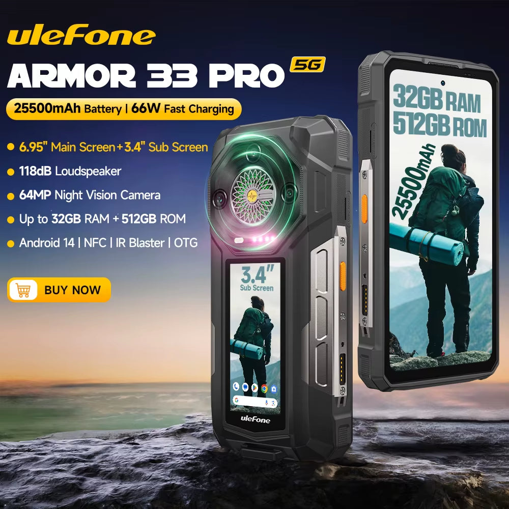 Armor 33 Pro 5G Rugged Phone 25500 Mah 512GB ROM 120Hz 6.59”3.4" Rear Screen NFC Android Smartphone