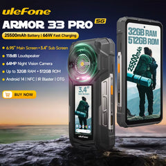 Armor 33 Pro 5G Rugged Phone 25500 Mah 512GB ROM 120Hz 6.59”3.4" Rear Screen NFC Android Smartphone