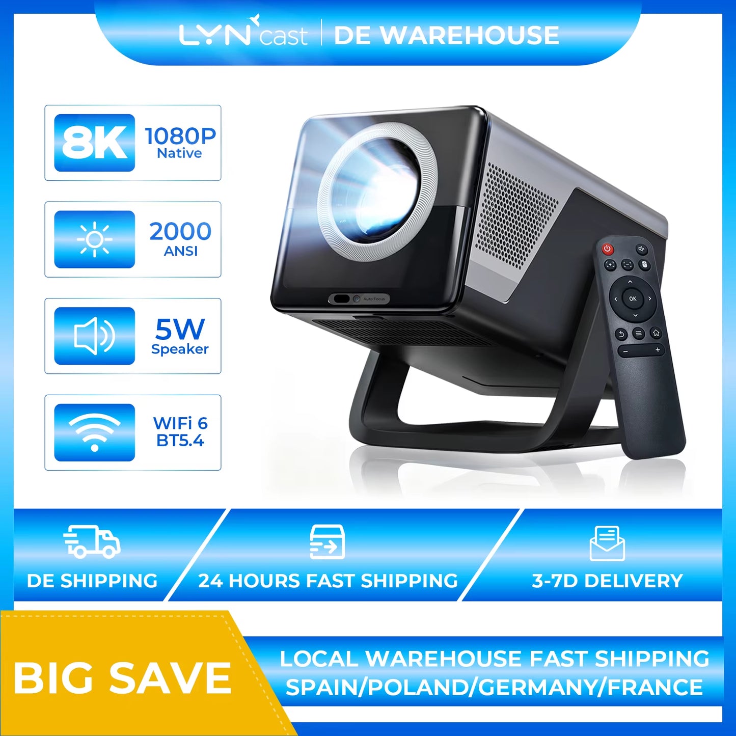 X7 AI Smart Projector with Android 14 OS Dolby, 8K Support 1080P UHD 2000 Ansl, Wifi6 & Bluetooth5.4, 200" Display Home Cinema