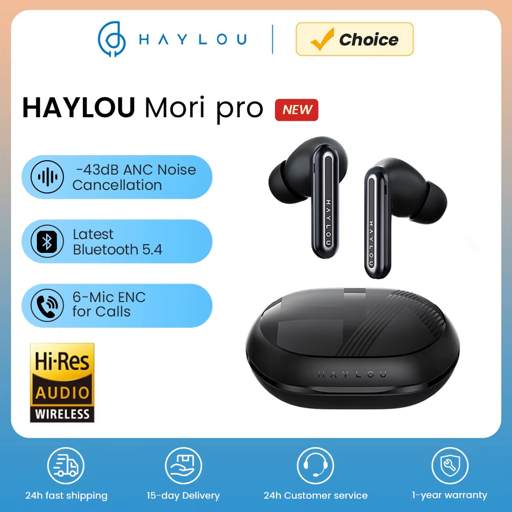 Mori Pro Bluetooth 5.4 Earphones Wireless 43Db Adaptive Hybrid ANC Hi-Res LDAC Earbuds 6 Mic Headphones 28H Battery Life