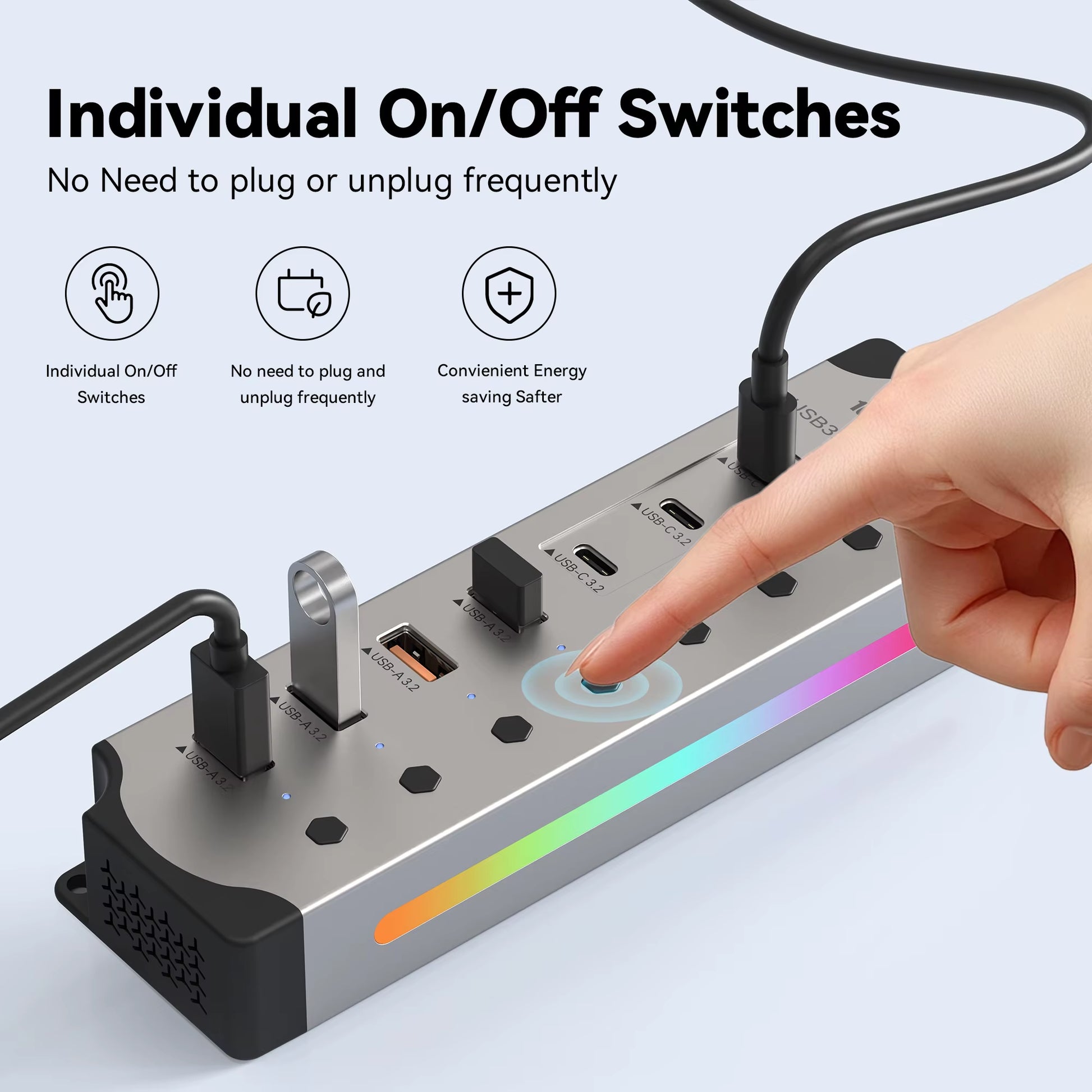 Aluminum Powered USB Hub 10Gbps USB-A USB-C 3.2 7Ports USB C Hub Individual On/Off Switches 12V Power Adapter for Laptop PC