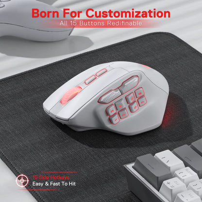 M811 PRO Wireless MMO Gaming Mouse, 15 Programmable Buttons RGB Gamer Mouse, 10 Side Macro Keys