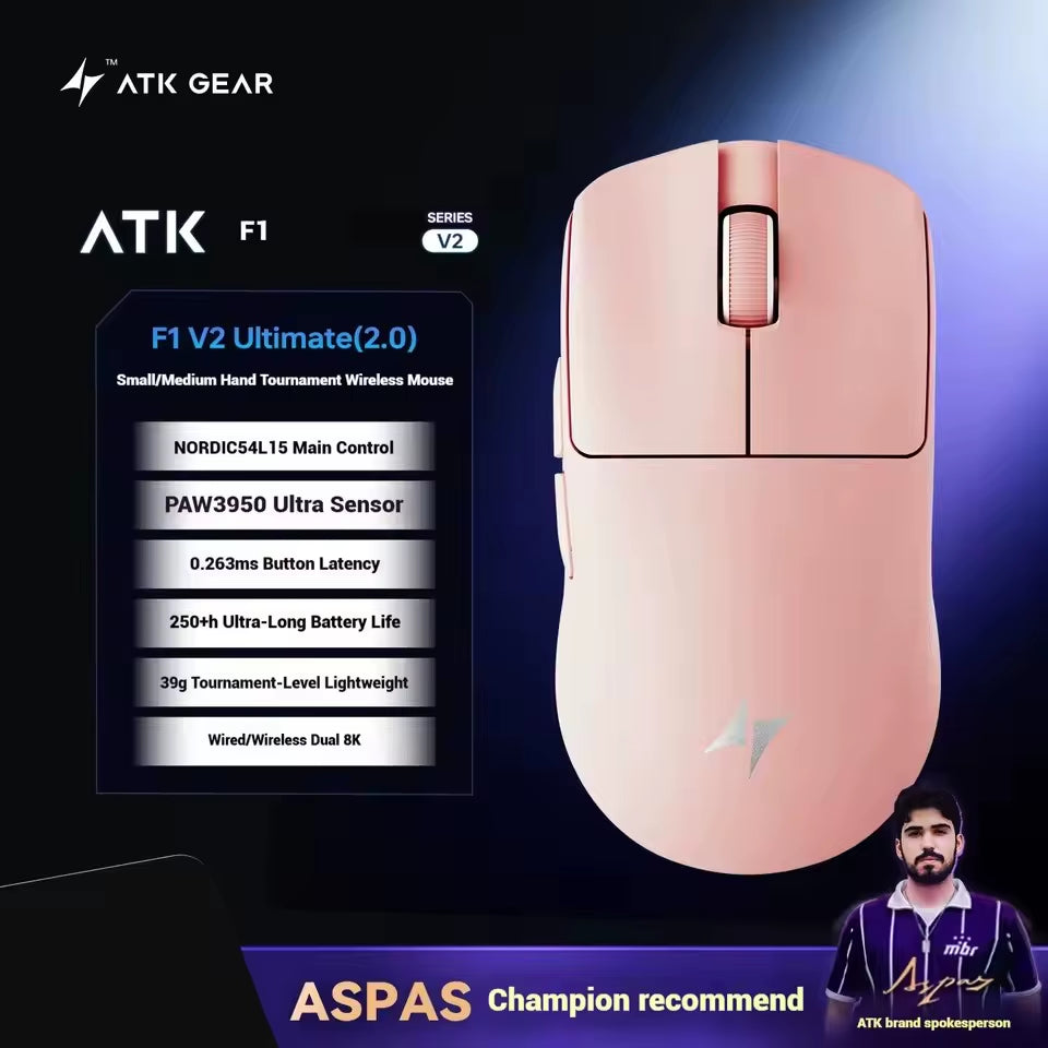 ATK Blazing Sky F1 V2 Ultra Max Wireless Gaming Mouse Dual-Mode Lightweight Paw3950Ultra Dual 8K Low Latency Ergonomic Extreme