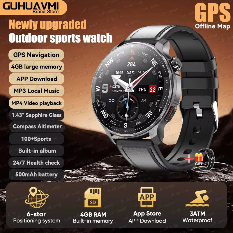 2026 New Military T-Rex3 GPS Map Navigation Smart Watch 4GB RAM Compass 1.43-Inch AMOLED Screen 3ATM Call Sports Smartwatch Men