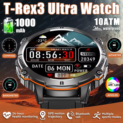 New Military T-Rex3 1000Mah Battery Smartwatch Men 10ATM Waterproof GPS Compass 1.73-Inch AMOLED Screen Call Sports Smartwatches