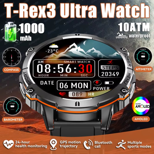 New Military T-Rex3 1000Mah Battery Smartwatch Men 10ATM Waterproof GPS Compass 1.73-Inch AMOLED Screen Call Sports Smartwatches