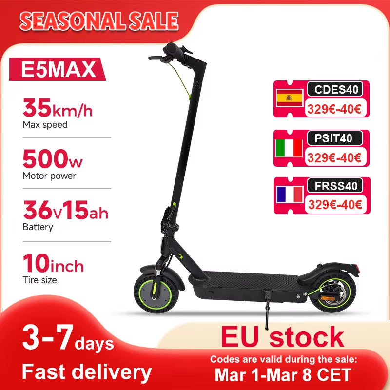 E Scooter for Adults 500W Motor 35Km/H 45KM 10" Honeycomb Tires Dual Suspension Comfortable Electric Kick Scooter E5MAX