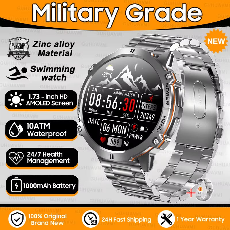 New Military T-Rex3 1000Mah Battery Smartwatch Men 10ATM Waterproof GPS Compass 1.73-Inch AMOLED Screen Call Sports Smartwatches