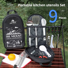Camping Kitchen Cookware Set Travel Utensils Set 9Pcs Stainless Steel Kitchenware for Backpacking BBQ Camping Picnic