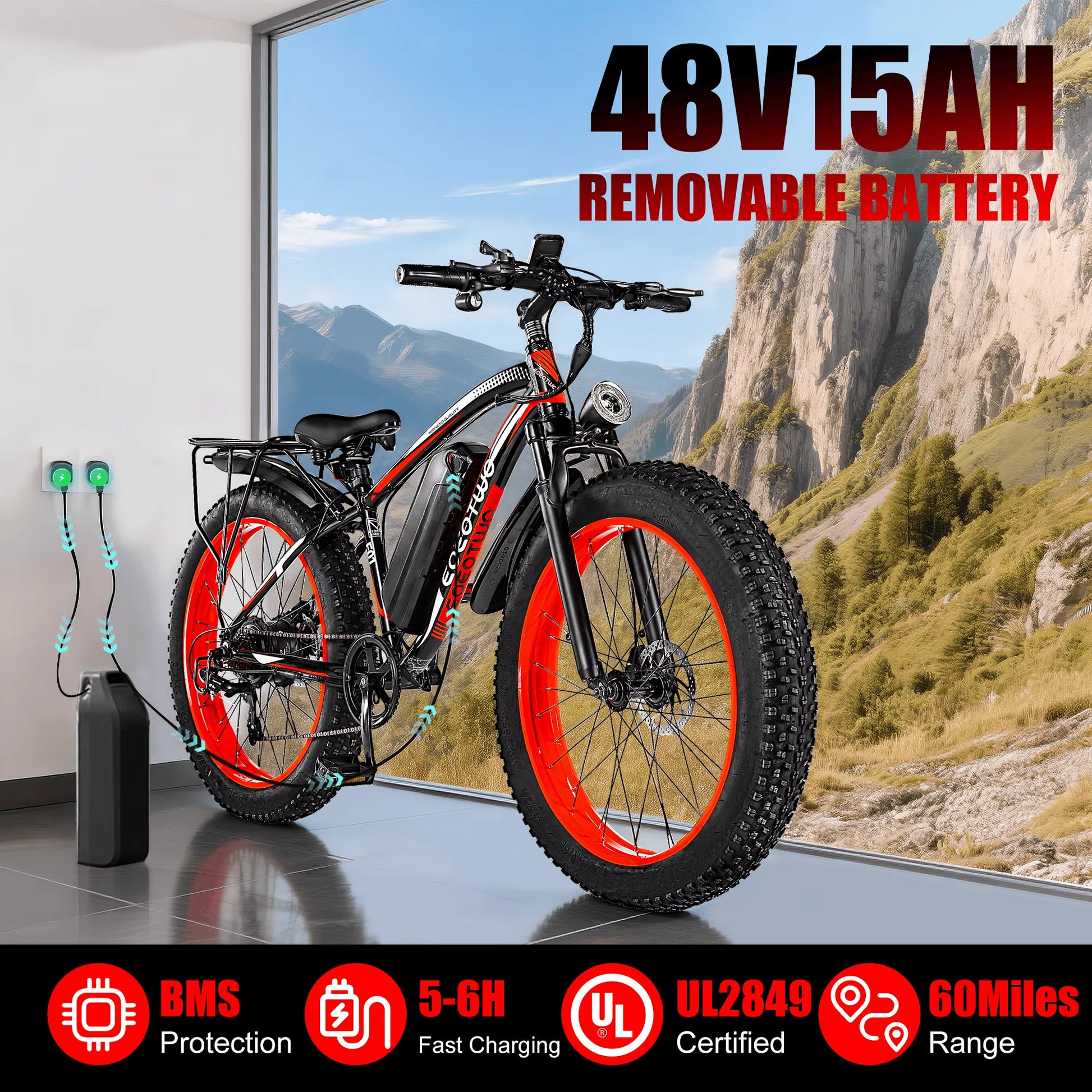 E01 Electric Bike for Adults 1500W Peak Motor 26" Fat Tire Ebike 34MPH 60Miles Range UL2849 Certified Mountain Bicycle