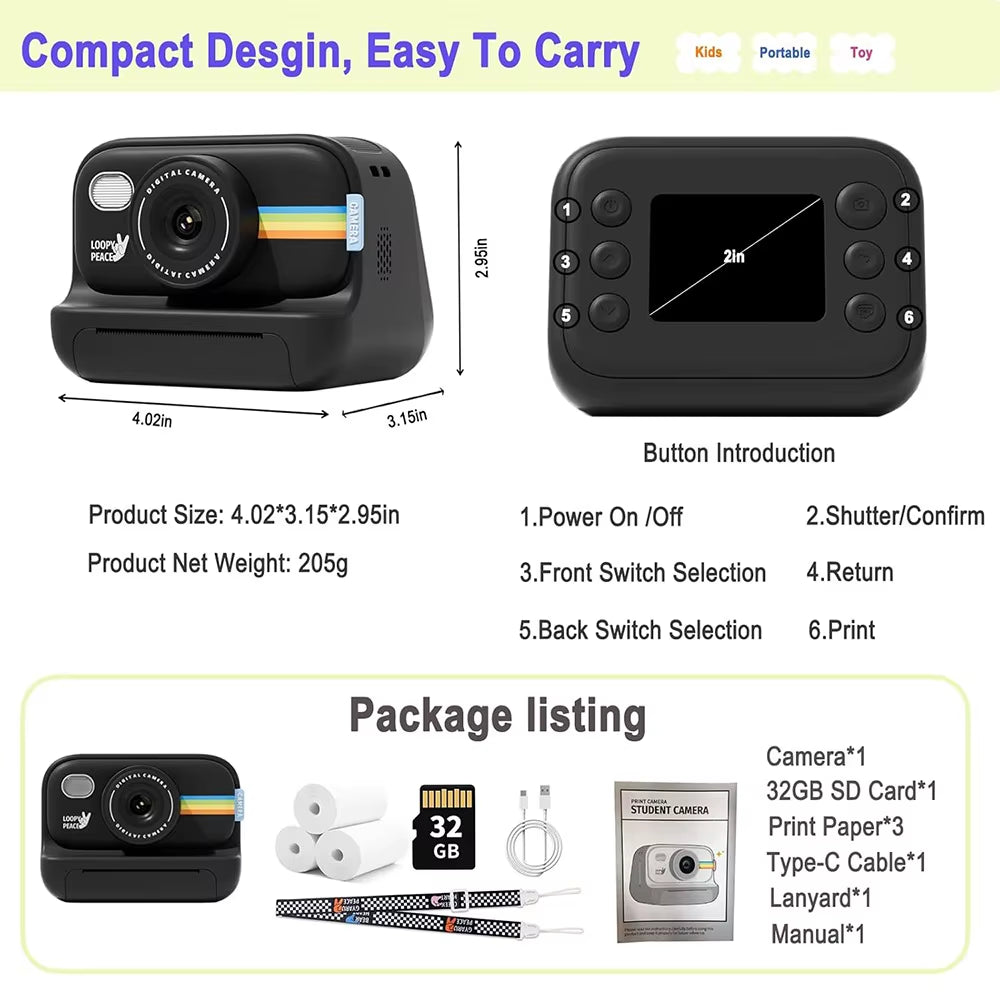Kids Instant Print Camera HD Lens 2.0 Inch Screen Zoom with 32GB Child Birthday Festival Gifts Travel Selfie Digital Camera Toys