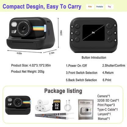 Kids Instant Print Camera HD Lens 2.0 Inch Screen Zoom with 32GB Child Birthday Festival Gifts Travel Selfie Digital Camera Toys