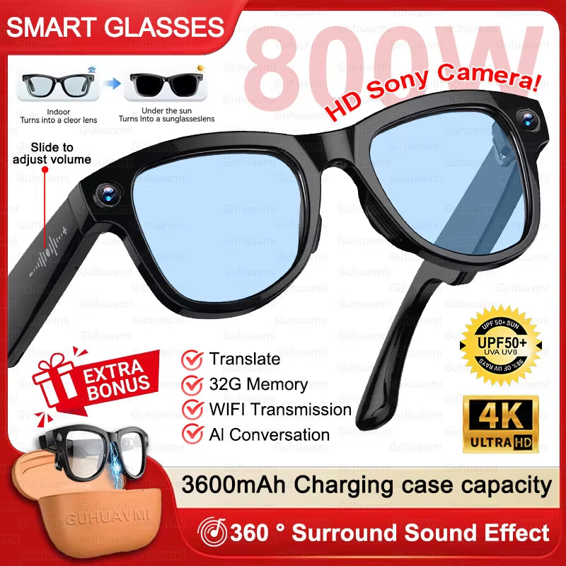 2026 New 3600Mah Large Battery Smart Glasses 8MP HD Camera Video Recording AI Photo Recognition Translation Voice Sunglasses Men
