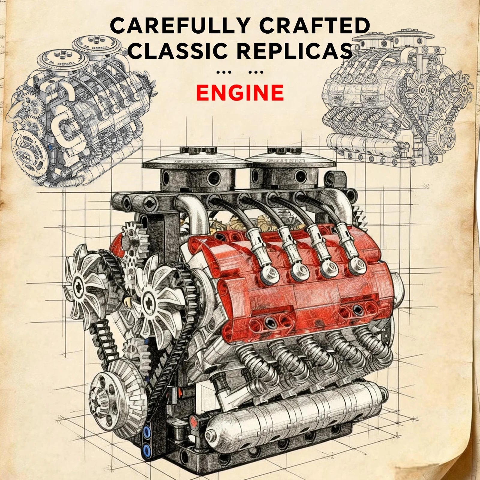 G8911 548Pcs Twin-Turbo Engine Motorized Simulation V8 Engine Model Kit Small Particle Assembly Building Blocks DIY Toys Gift