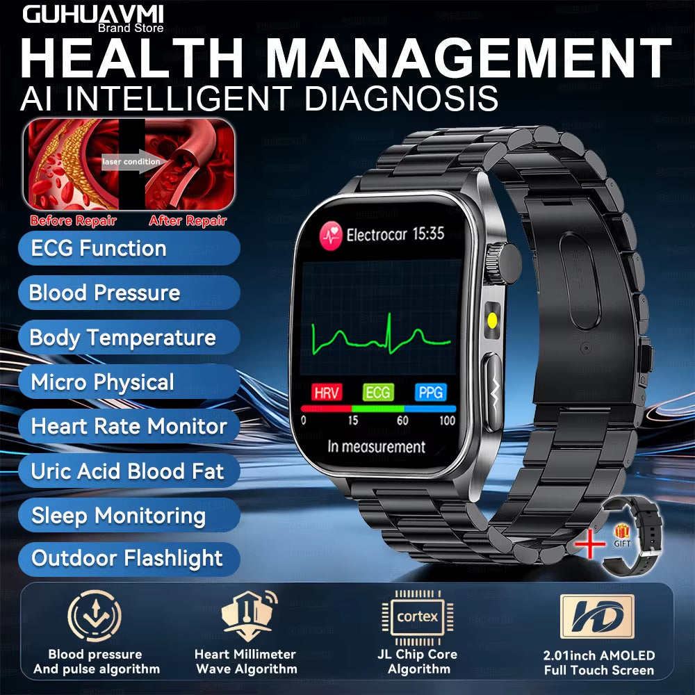 2026 New 650Nm Laser Therapy Health Smartwatch Men ECG Blood Pressure Lipid Uric Acid Bluetooth Call Smart Watch for Android IOS