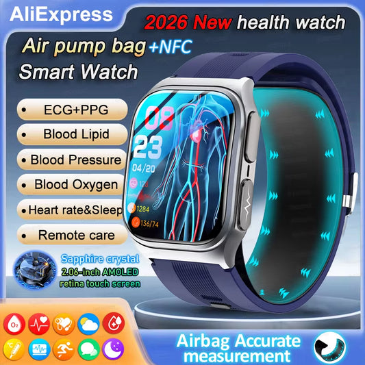 2026 New Health Monitor Smart Watch Blood Pressure Lipid Uric Acid ECG NFC Body Temperature Bluetooth Call Health Smartwatch