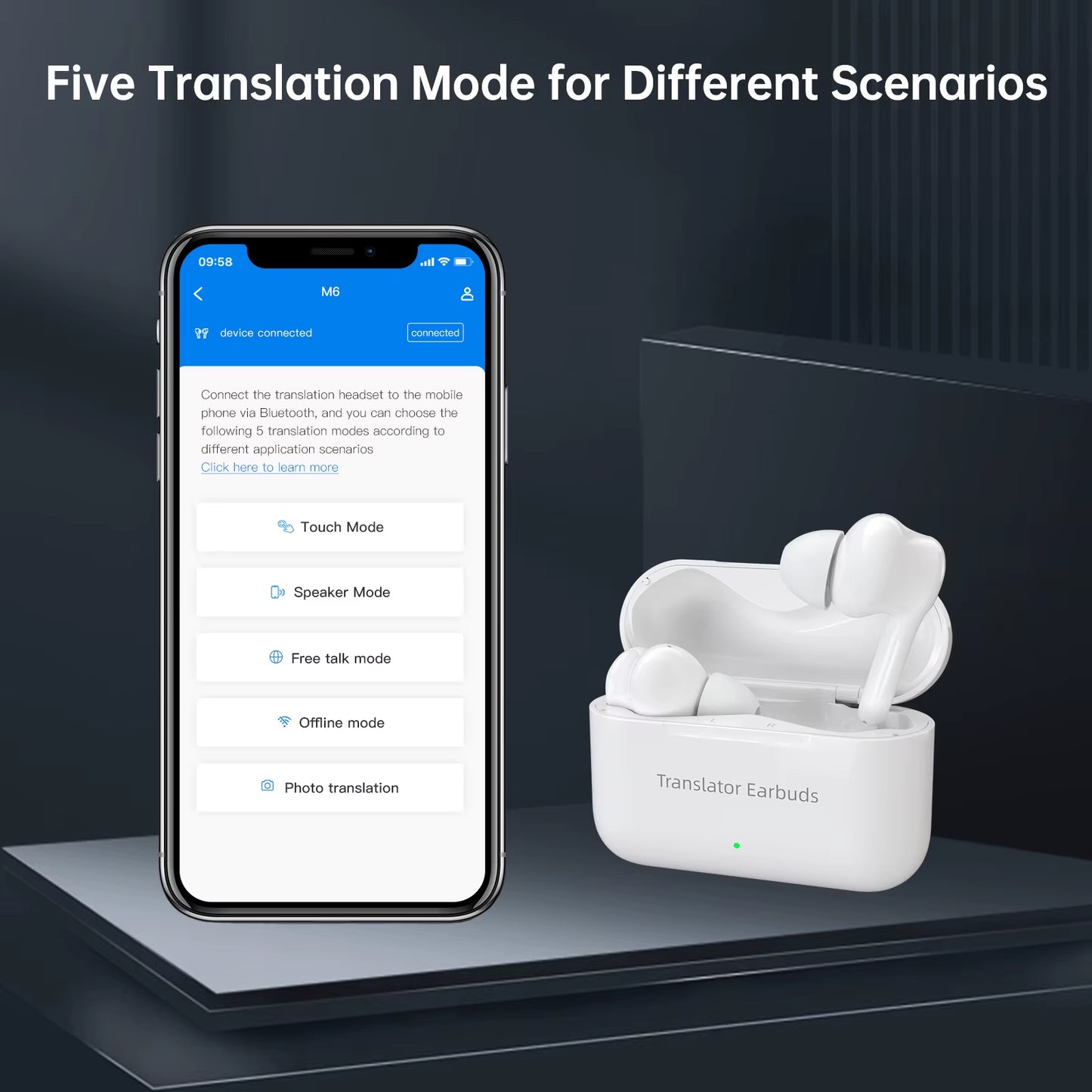 M6 Smart Translator Earbuds, Bi-Directional Instant Voice Translation Earphone, Online 144 Languages with 11 Offline Pack