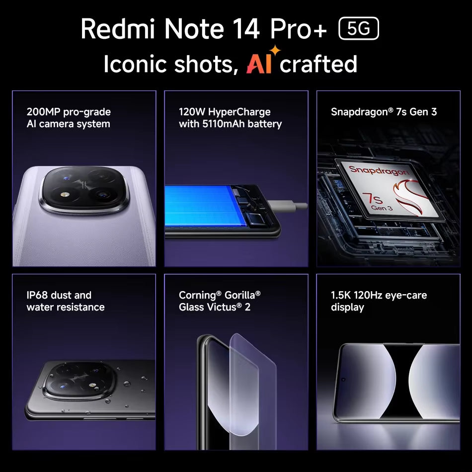 Redmi Note 14 Pro+ 5G 6.7" AMOLED 200MP Camera 120Hz Snapdragon 7S Gen 3 Global Version