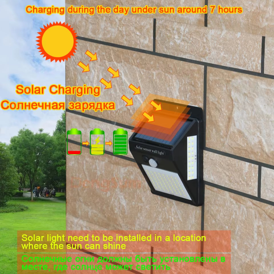 PIR Motion Sensor 100LED Sunlight Control 3 Sided Solar Energy Street Light Yard Path Home Garden Solar Power Lamp Wall Light