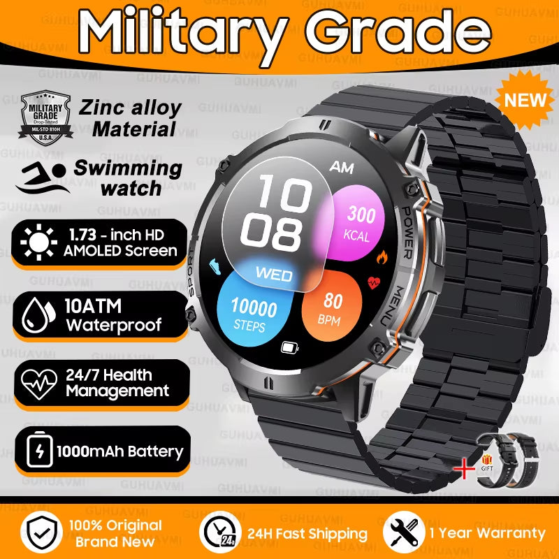 New Military T-Rex3 1000Mah Battery Smartwatch Men 10ATM Waterproof GPS Compass 1.73-Inch AMOLED Screen Call Sports Smartwatches