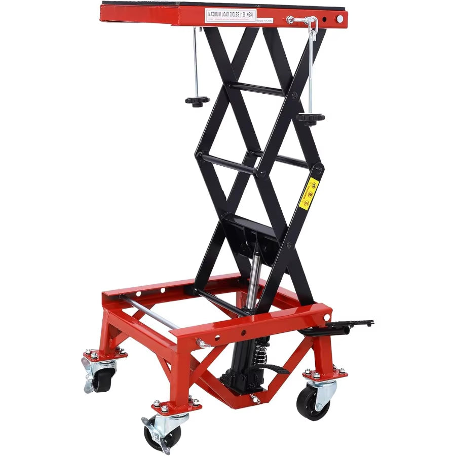 300 LBS Hydraulic Motorcycle Lift Jack Table Heavy-Duty Foot-Operated Scissor Lift with Wide Deck and J-Hooks for ATV and Dirt