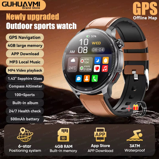 2026 New Military T-Rex3 GPS Map Navigation Smart Watch 4GB RAM Compass 1.43-Inch AMOLED Screen 3ATM Call Sports Smartwatch Men