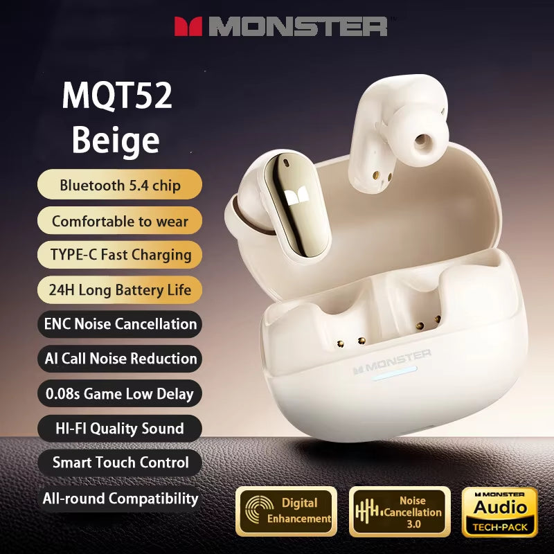 Choice  New MQT52 TWS Wireless Bluetooth 5.4 Headset HIFI Stereo Gaming Music Earphones Talking Noise Canceling Earbuds