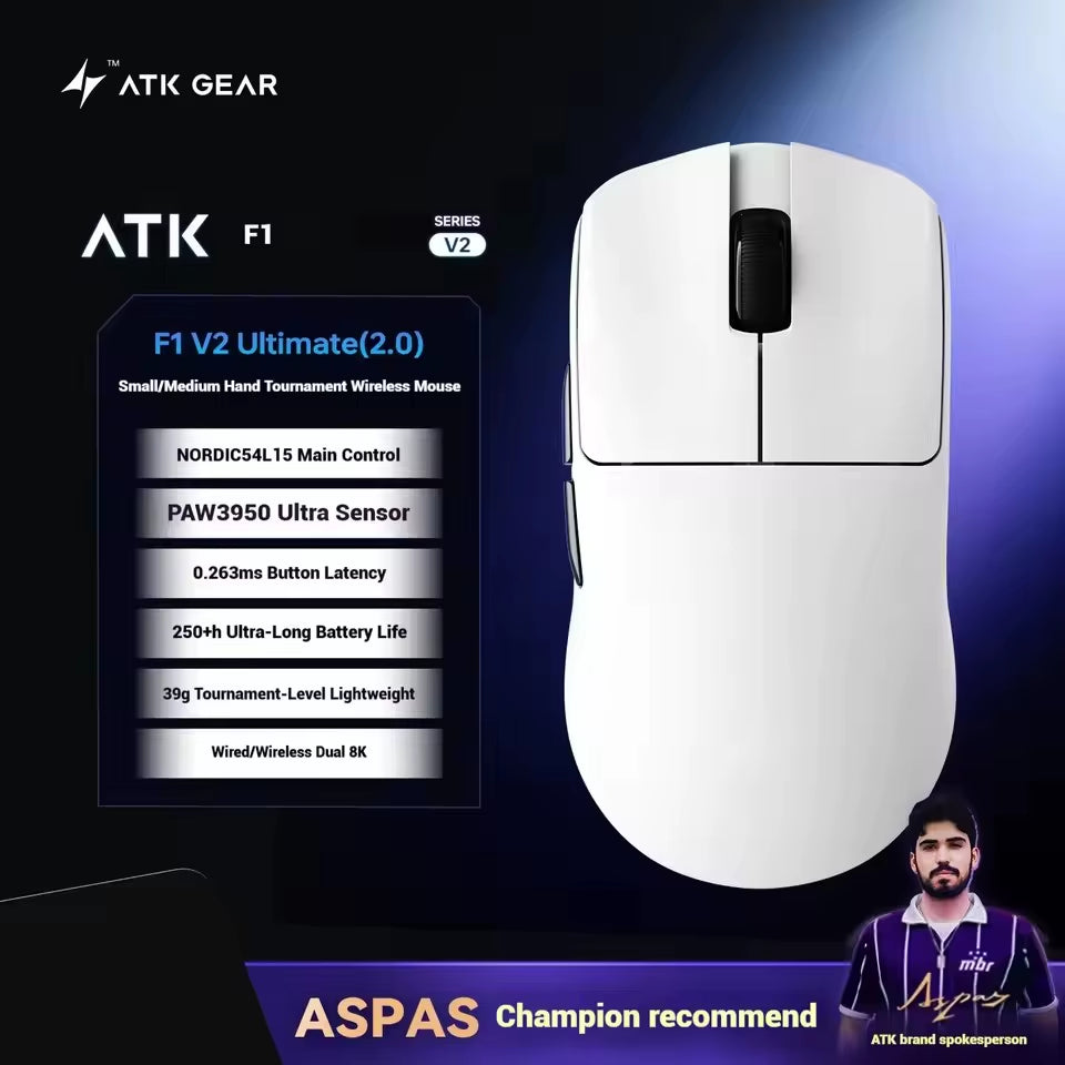 ATK Blazing Sky F1 V2 Ultra Max Wireless Gaming Mouse Dual-Mode Lightweight Paw3950Ultra Dual 8K Low Latency Ergonomic Extreme