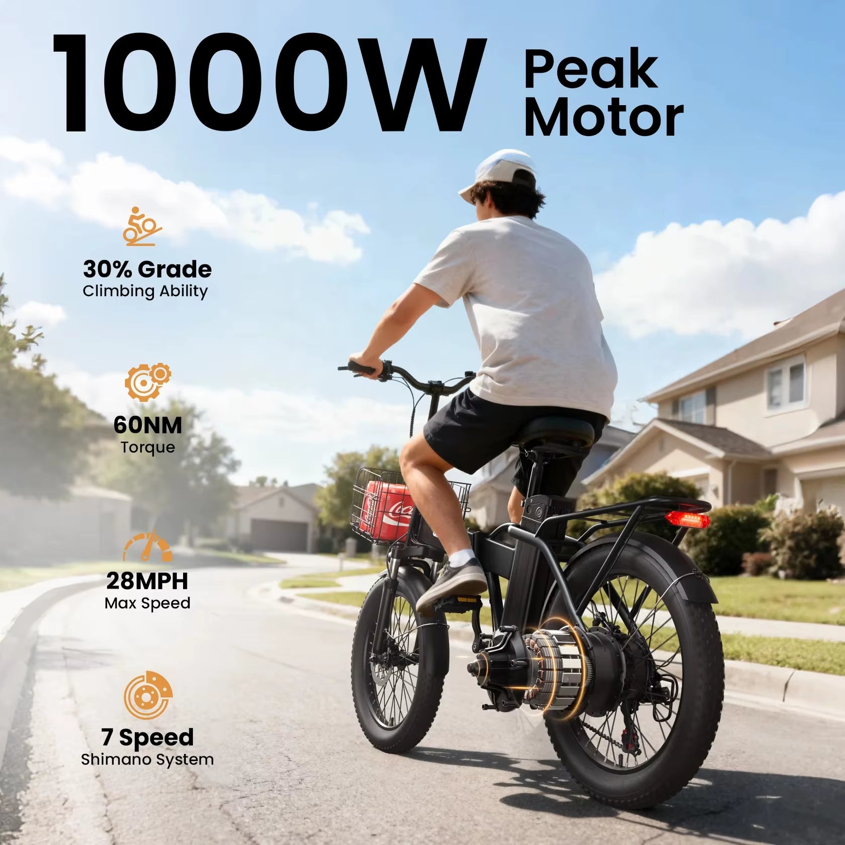 Waterfall Folding Electric Bike 1000W Peak 48V 13.5AH Removable Battery Electric Bicycle 20" Fat Tire 28 MPH Max E-Bike