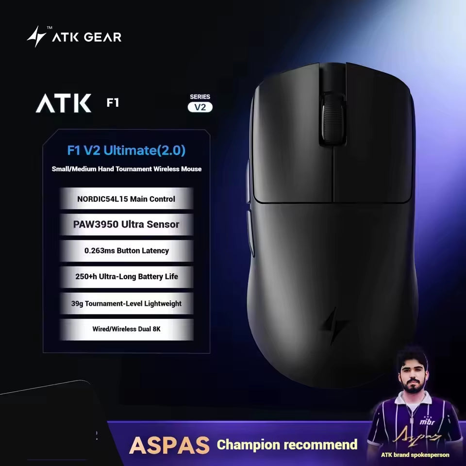 ATK Blazing Sky F1 V2 Ultra Max Wireless Gaming Mouse Dual-Mode Lightweight Paw3950Ultra Dual 8K Low Latency Ergonomic Extreme