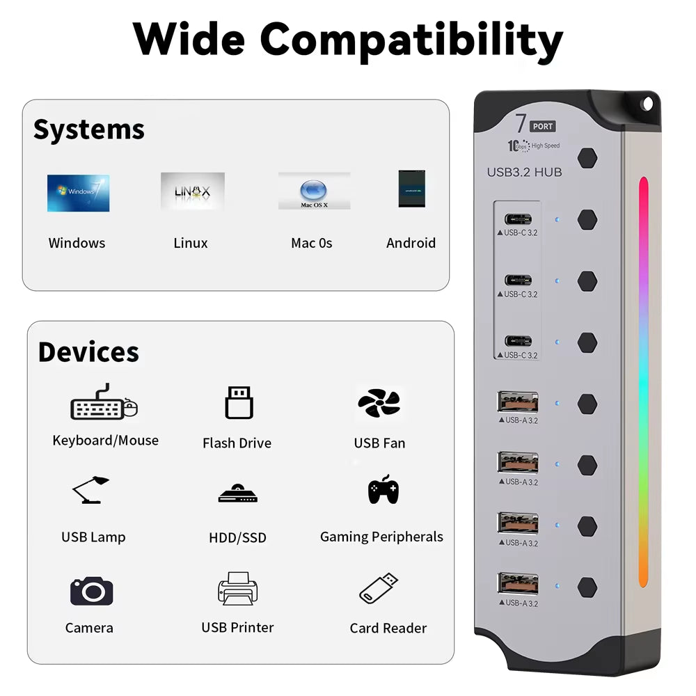 Aluminum Powered USB Hub 10Gbps USB-A USB-C 3.2 7Ports USB C Hub Individual On/Off Switches 12V Power Adapter for Laptop PC