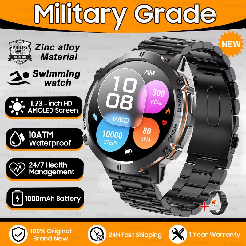 New Military T-Rex3 1000Mah Battery Smartwatch Men 10ATM Waterproof GPS Compass 1.73-Inch AMOLED Screen Call Sports Smartwatches