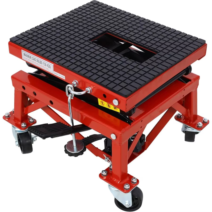 300 LBS Hydraulic Motorcycle Lift Jack Table Heavy-Duty Foot-Operated Scissor Lift with Wide Deck and J-Hooks for ATV and Dirt