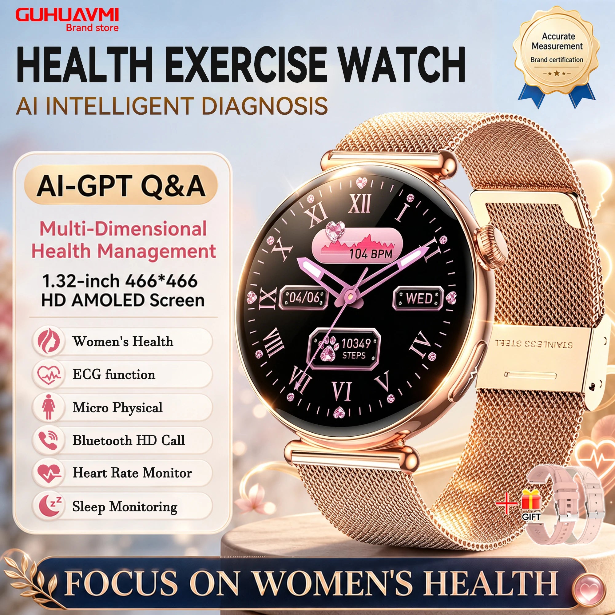 2026 New Women Health Smartwatch 1.32-Inch AMOLED Screen ECG Blood Pressure Body Fat Heart Rate Bluetooth Call Ladies Smartwatch