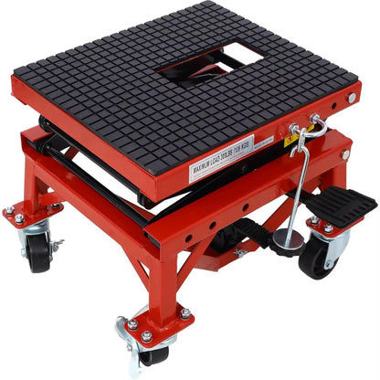 300 LBS Hydraulic Motorcycle Lift Jack Table Heavy-Duty Foot-Operated Scissor Lift with Wide Deck and J-Hooks for ATV and Dirt