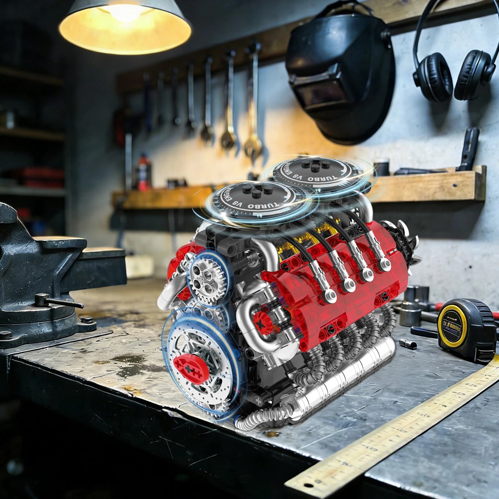 G8911 548Pcs Twin-Turbo Engine Motorized Simulation V8 Engine Model Kit Small Particle Assembly Building Blocks DIY Toys Gift