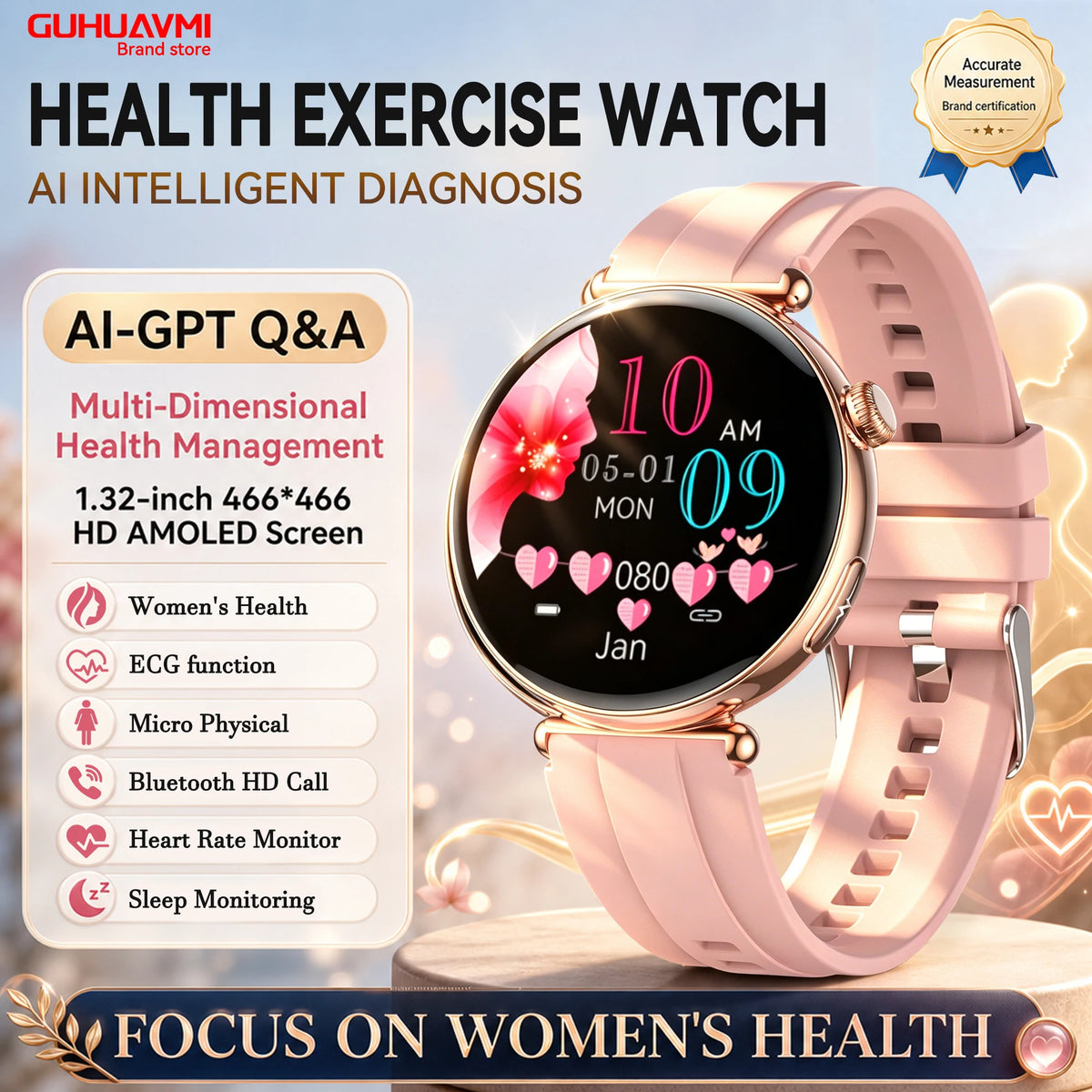 2026 New Women Health Smartwatch 1.32-Inch AMOLED Screen ECG Blood Pressure Body Fat Heart Rate Bluetooth Call Ladies Smartwatch