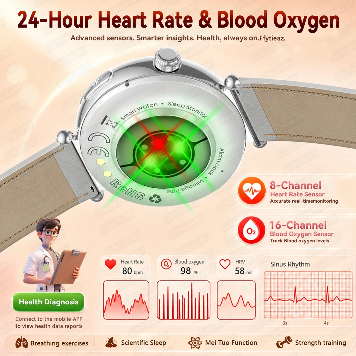 2026 New Women Health Smartwatch 1.32-Inch AMOLED Screen ECG Blood Pressure Body Fat Heart Rate Bluetooth Call Ladies Smartwatch