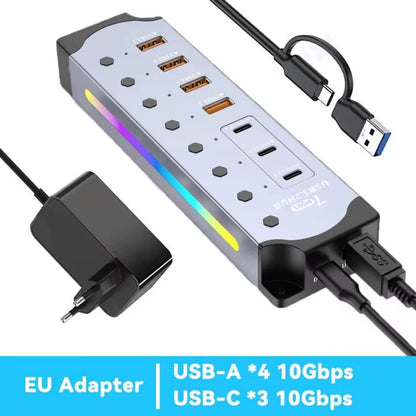 Aluminum Powered USB Hub 10Gbps USB-A USB-C 3.2 7Ports USB C Hub Individual On/Off Switches 12V Power Adapter for Laptop PC