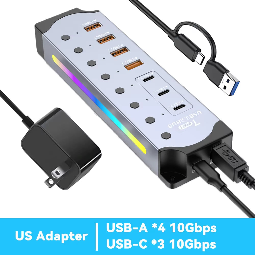 Aluminum Powered USB Hub 10Gbps USB-A USB-C 3.2 7Ports USB C Hub Individual On/Off Switches 12V Power Adapter for Laptop PC