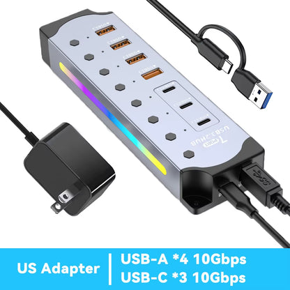Aluminum Powered USB Hub 10Gbps USB-A USB-C 3.2 7Ports USB C Hub Individual On/Off Switches 12V Power Adapter for Laptop PC