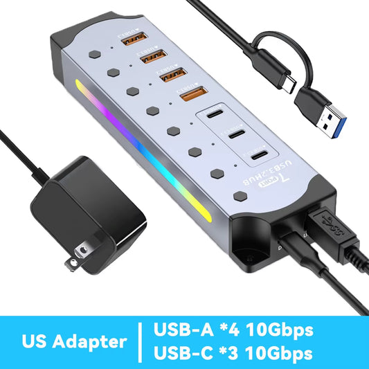 Aluminum Powered USB Hub 10Gbps USB-A USB-C 3.2 7Ports USB C Hub Individual On/Off Switches 12V Power Adapter for Laptop PC