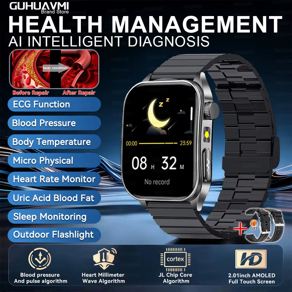 2026 New 650Nm Laser Therapy Health Smartwatch Men ECG Blood Pressure Lipid Uric Acid Bluetooth Call Smart Watch for Android IOS