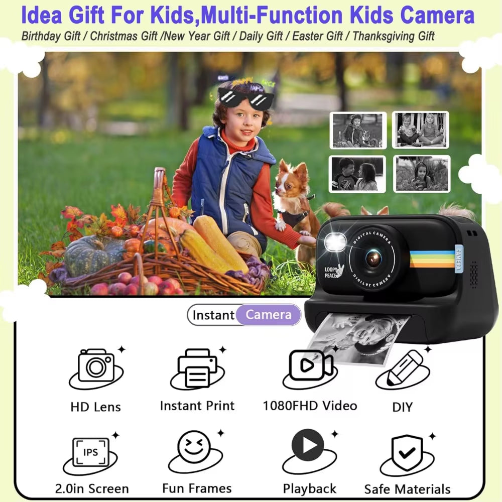 Kids Instant Print Camera HD Lens 2.0 Inch Screen Zoom with 32GB Child Birthday Festival Gifts Travel Selfie Digital Camera Toys